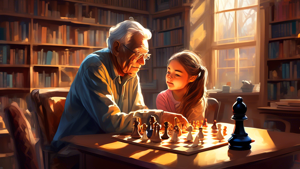 A beautifully detailed digital painting of an elderly man and a young girl deeply focused on playing a chess game in a sunlit, cozy library filled with books, with the chessboard strategically placed