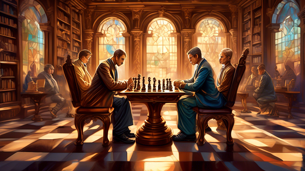 An artistically styled digital painting of a serene, elegant chess tournament, featuring three intense top chess champions sitting at ornately carved wooden chess tables, deeply concentrated on their