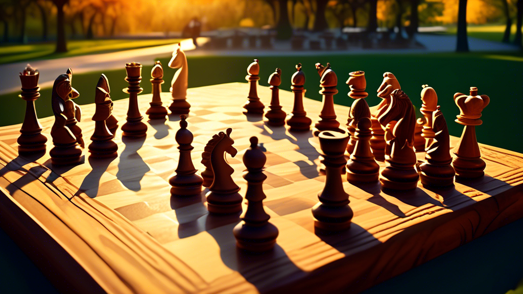 An intricately carved wooden chessboard with ornate chess pieces engaged in mid-game, set in a tranquil park where the setting sun casts long shadows over players thoughtfully strategizing their next