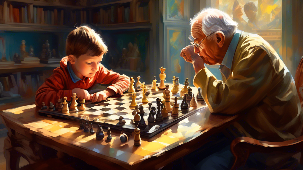 A detailed digital painting of a young child and an elderly chess master deeply concentrated over a complex chess game in a quiet, sunlit library, with chess books scattered around and a large, ornate