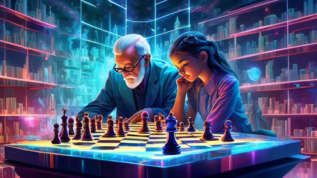 An intricately detailed digital painting of a senior man and a young girl analyzing a chess game on a large holographic analysis board, surrounded by floating chess books and virtual chess pieces, in