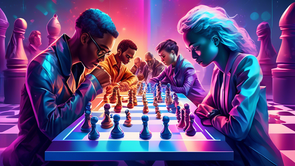 Digital artwork of a futuristic chess tournament, showcasing diverse top chess champions, both men and women of various ethnicities, analyzing holographic chess boards with precision and focus, under