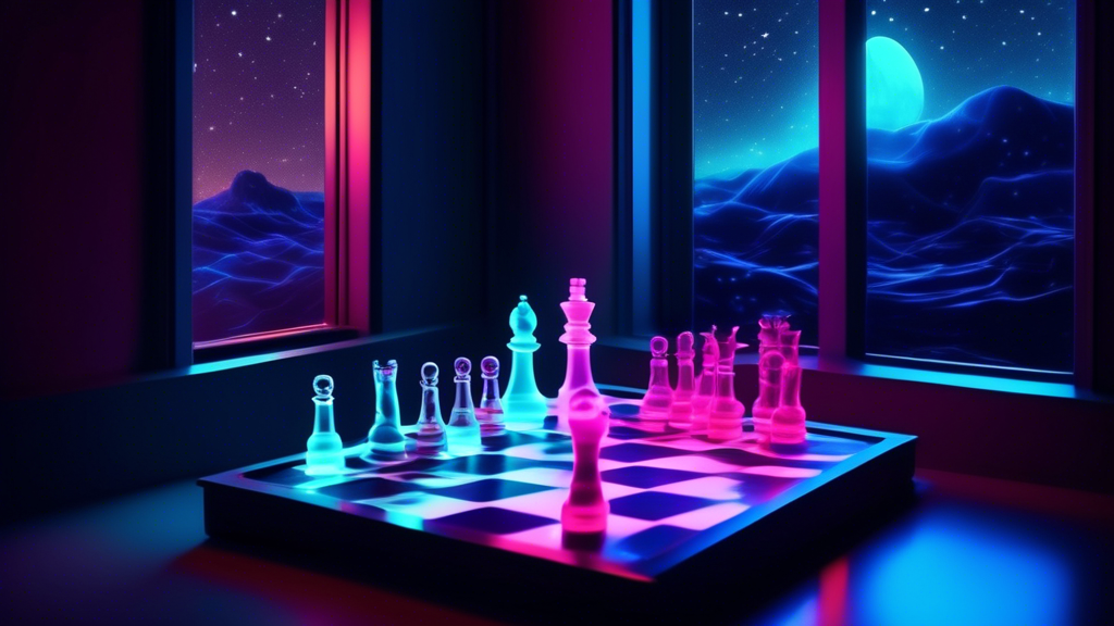 An enchanting chessboard set up in a dimly lit room, featuring futuristic, glow-in-the-dark chess pieces that emit soft neon lights, casting ethereal glows on a sleek, reflective surface, set against
