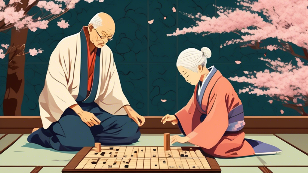 An artistic illustration of two players, a young Japanese girl and an elderly Japanese man, deeply focused on a traditional Shogi game, with beautifully carved wooden pieces on a tatami mat, set in a