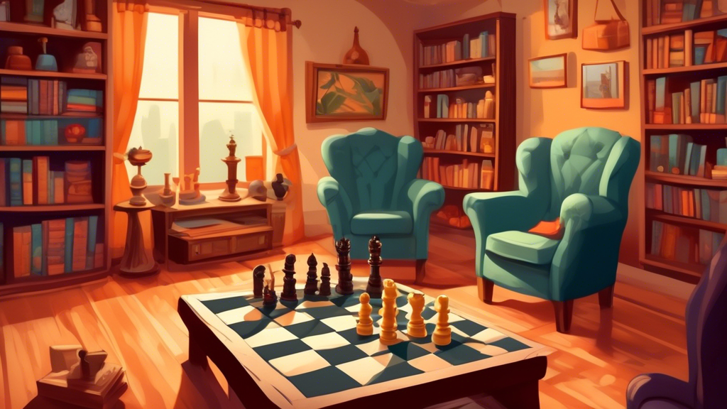 A cozy, inviting living room with a wooden chess board set up on a small table, two comfortable chairs on each side, and a shelf filled with chess books and budget-friendly chess paraphernalia in the