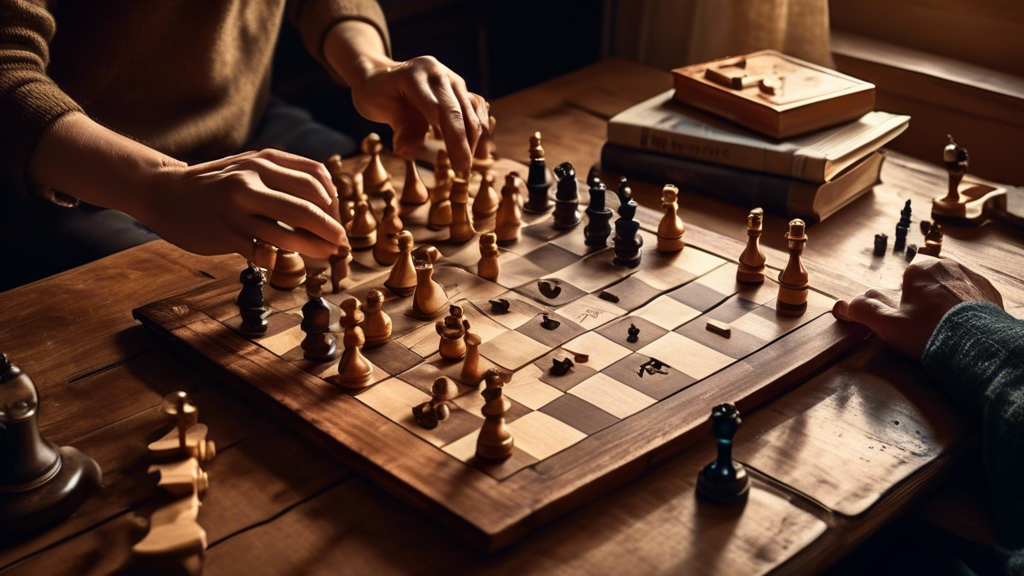 An overhead view of a person's hands setting up a chess board, arranging wooden chess pieces with labels on each piece indicating its name, on a rustic wooden table, in a cozy, softly lit room filled