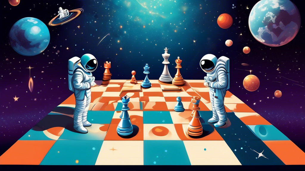 An illustration of a three-dimensional chess board with floating pieces, set against a backdrop of outer space, showing planets and stars, while two astronauts in sleek, futuristic suits ponder their