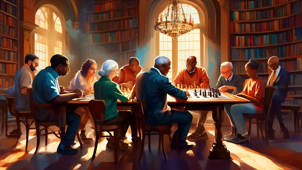 A digital painting of a diverse group of people, young and old, from various ethnic backgrounds, sitting at a long table, deeply engrossed in playing chess in a sunlit, old library filled with books,