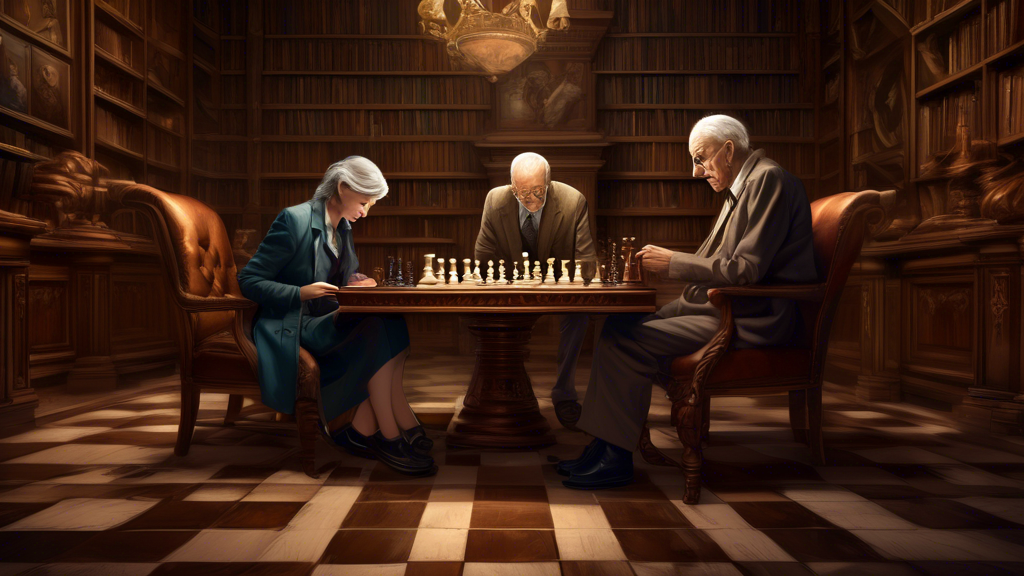 Create a digital artwork of two people deeply focused on a chess game, using an ornate chessboard between them. The setting is a dimly lit, classic wood-paneled library with books lining the walls. A
