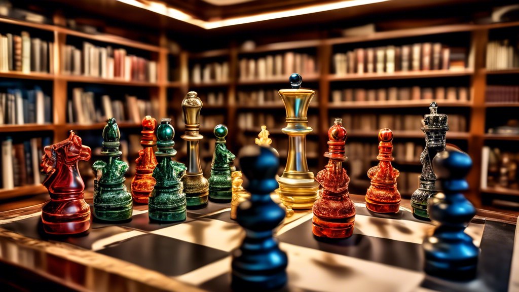 An exquisite array of luxury chess sets displayed in a sophisticated library setting, each with unique designs reflecting different historical eras and cultures, illuminated by soft, ambient lighting