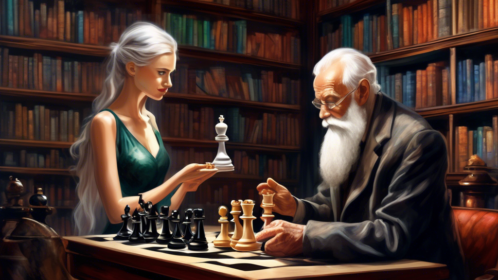 An elegant illustration of two chess players, one elderly with a white beard and the other a young woman, deciding who goes first by choosing white and black chess pieces from a velvet bag, set in an
