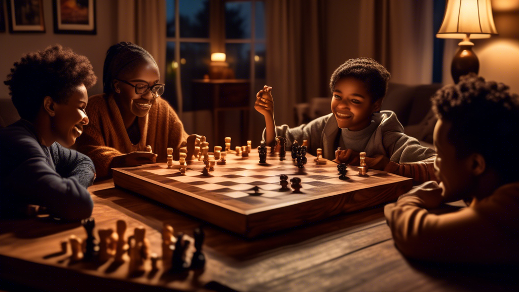 An artistically styled living room at twilight, illuminated by soft, warm lights with a group of diverse friends of various ages and ethnicities sitting around a table, deeply engaged in playing with