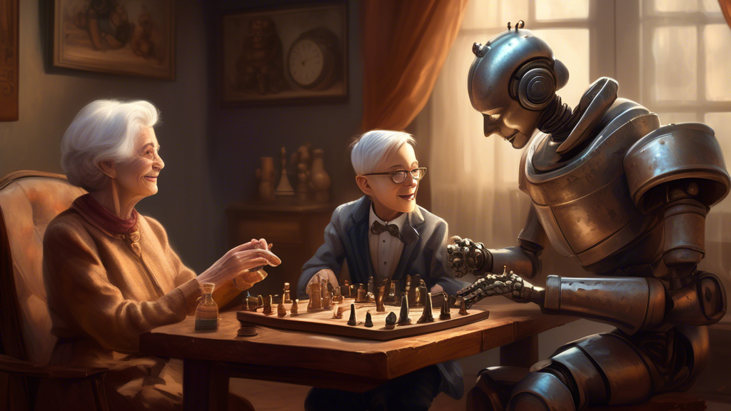 A digital painting of a young boy and an elderly woman sitting opposite each other, engaging in a friendly game of chess with a vintage wooden chess board between them, while a humanoid robot dressed
