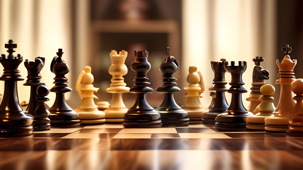 An elegant display of various top-rated chess sets arranged on a polished wooden table, featuring a variety of styles including classic wooden, modern glass, and antique ivory, with a soft focus on a