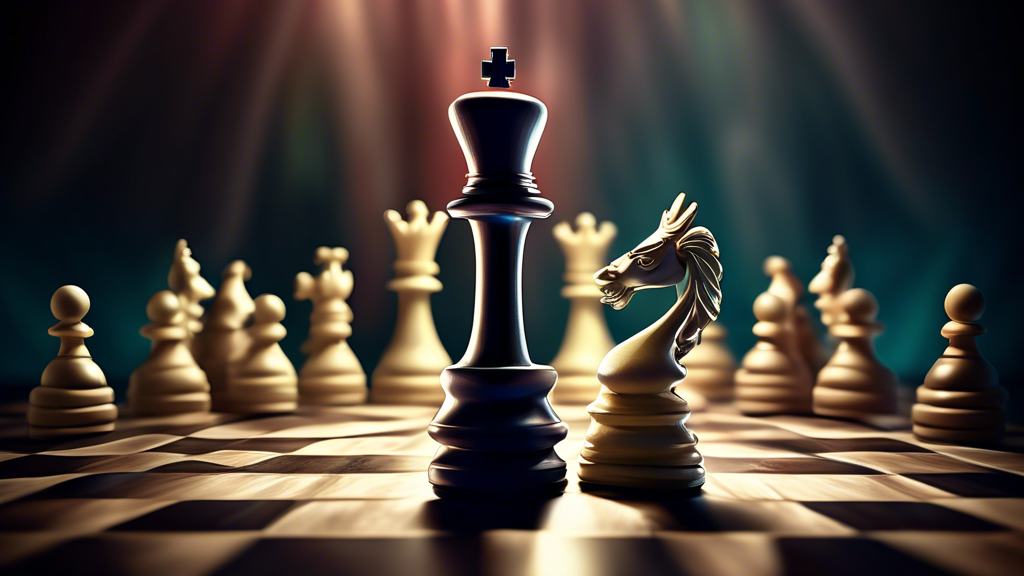 An intricate chessboard under soft, dramatic lighting, showcasing an oversized king and queen chess piece in the center, engaged in a symbolic dance. The background subtly depicts other smaller chess