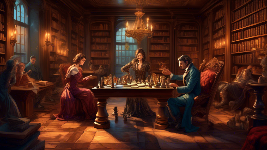 A sophisticated chess game in a luxurious library setting, with ornate wooden chess pieces that resemble medieval figures, and players dressed in elegant, historical period clothing focused intensely