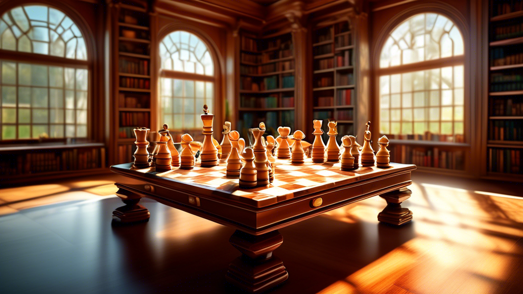 An elegant chess set on a luxurious, intricately carved wooden table in a sophisticated library setting, with sunlight filtering through large windows, highlighting the detailed craftsmanship of the c