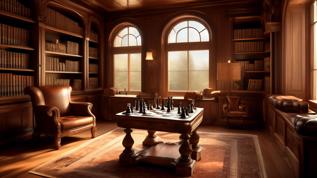An elegant wood-paneled library with a large window allowing soft sunlight to illuminate an antique wooden chess table, featuring a meticulously crafted Staunton chess set arranged for the start of a