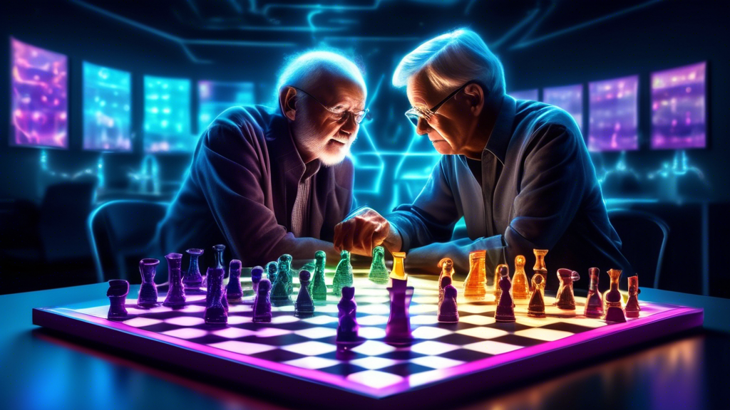 A futuristic chessboard with high-tech electronic chess pieces that light up and display digital information, set in a sleek, modern gaming room filled with ambient lighting and holographic displays,