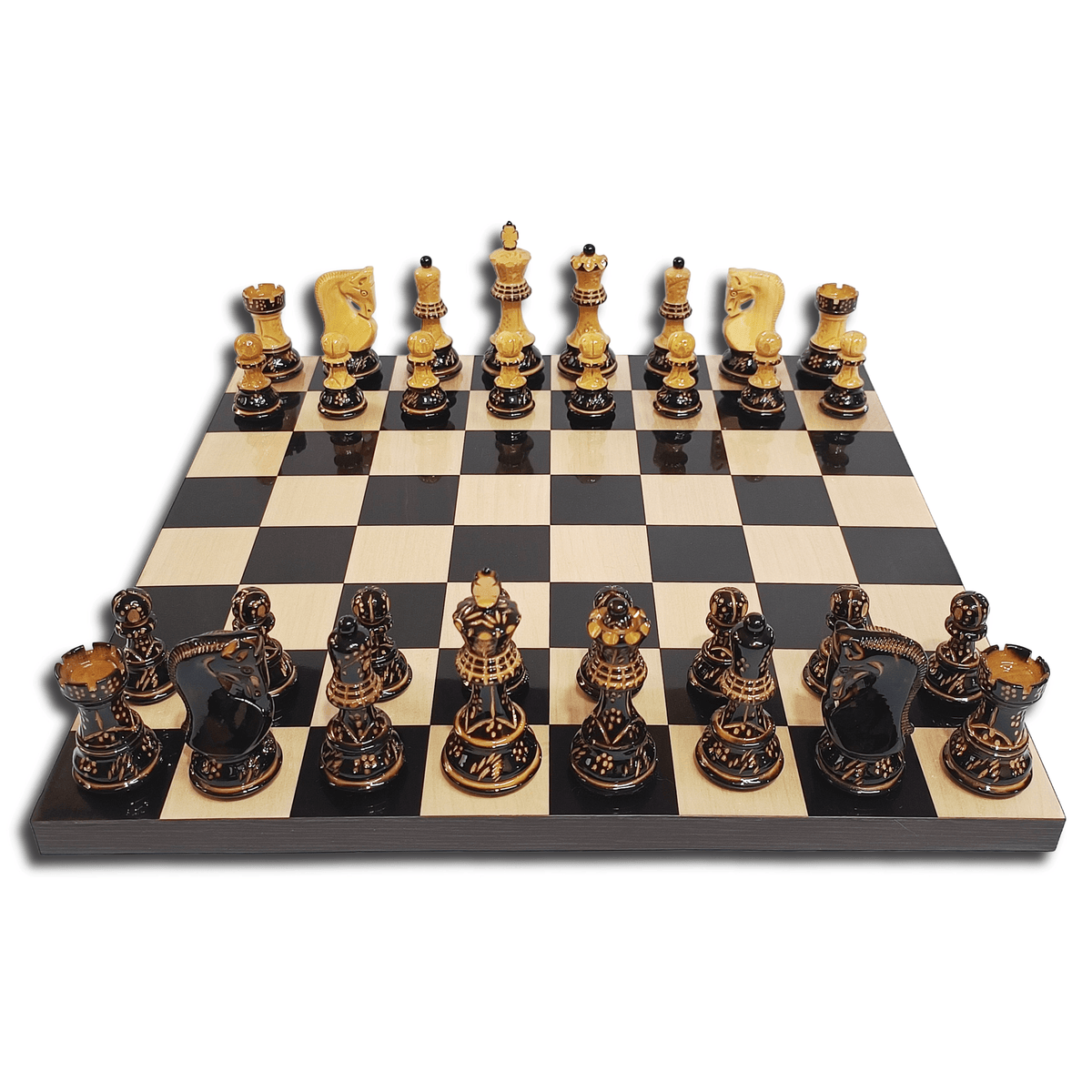 Russian Zagreb Burnt Hand-Carved Chess Set (3.9″ King) with 16″ Ebony & Maple Luxury Board – 50mm Squares My Chess Sets