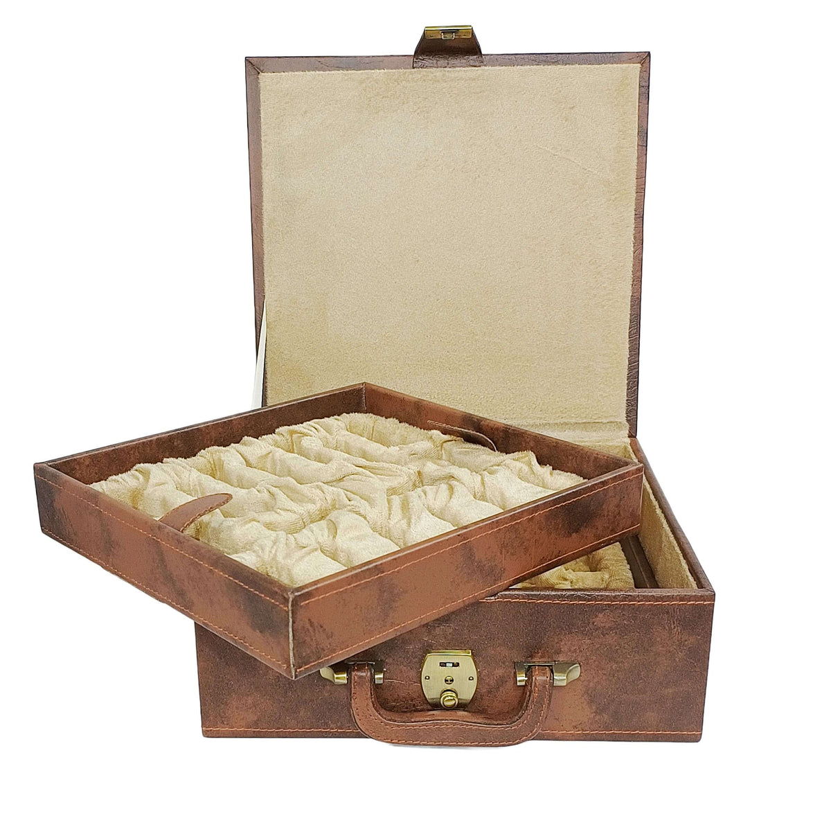 Brown leatherette chess storage box with dual tray design, open to reveal plush interior and compartments.