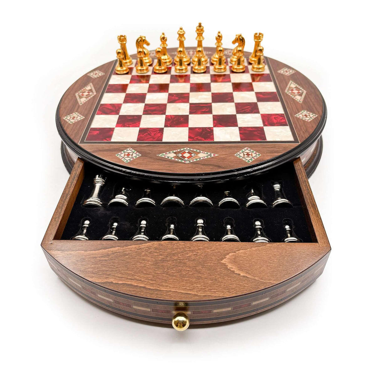 Luxury Round Rosewood & Walnut Chess Set With Metal Pieces My Chess Sets