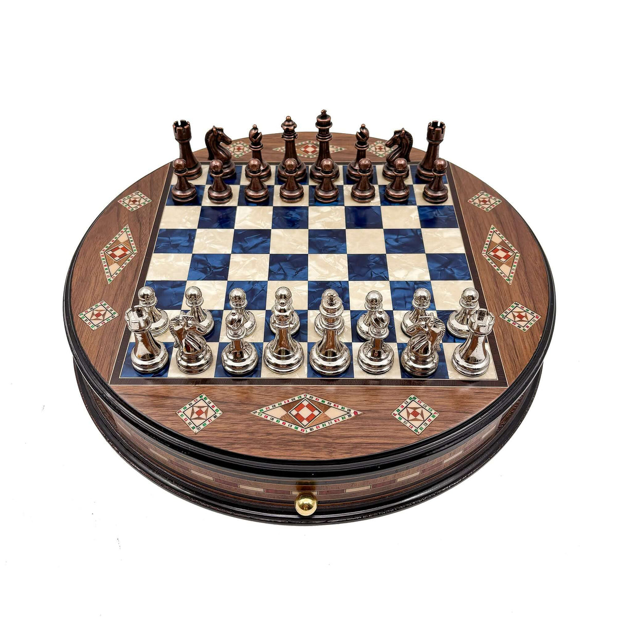 Luxury Round Rosewood & Walnut Chess Set With Metal Pieces My Chess Sets