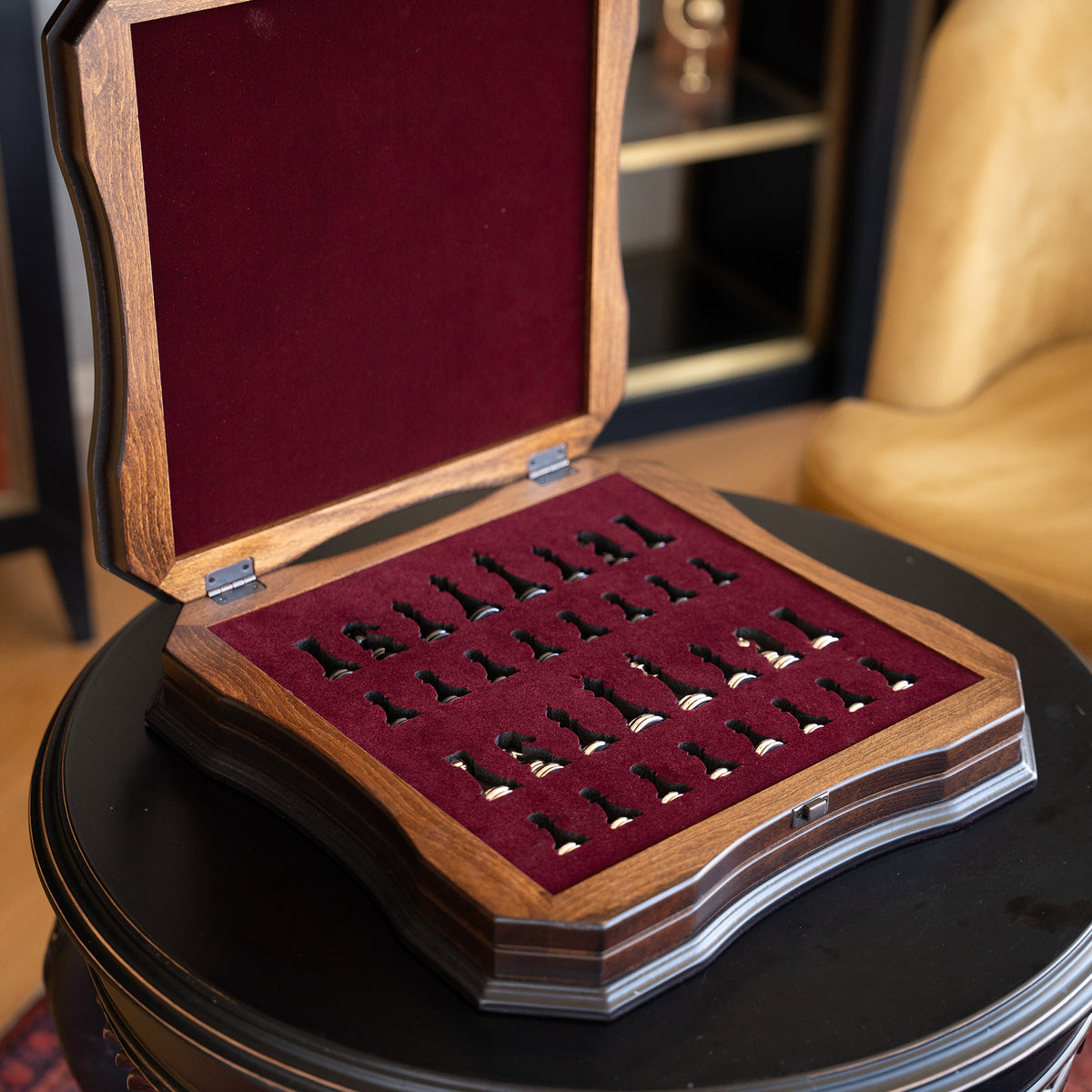 Walnut & Rosewood Inlaid Chess Set with Metal Pieces
