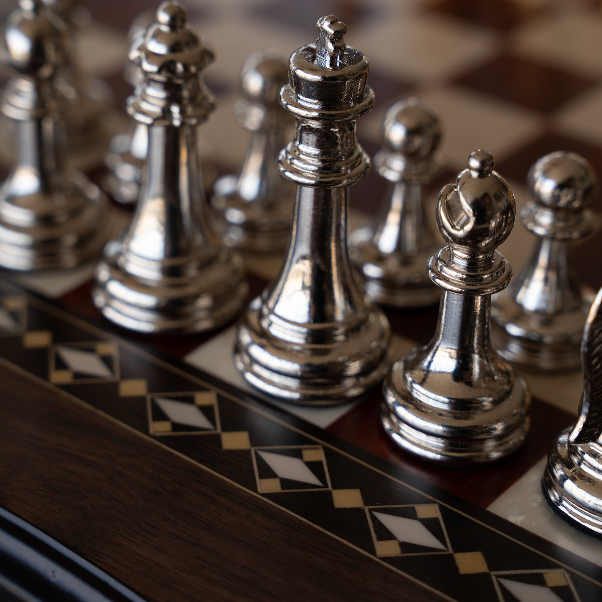 Walnut & Rosewood Inlaid Chess Set with Metal Pieces