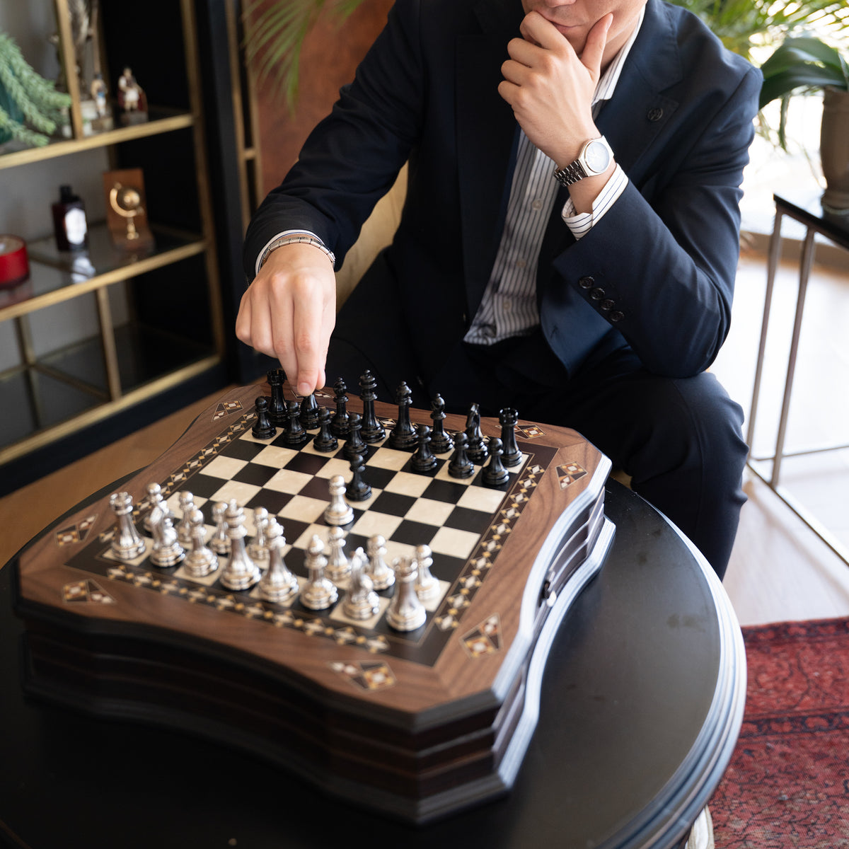 Walnut & Rosewood Inlaid Chess Set with Metal Pieces