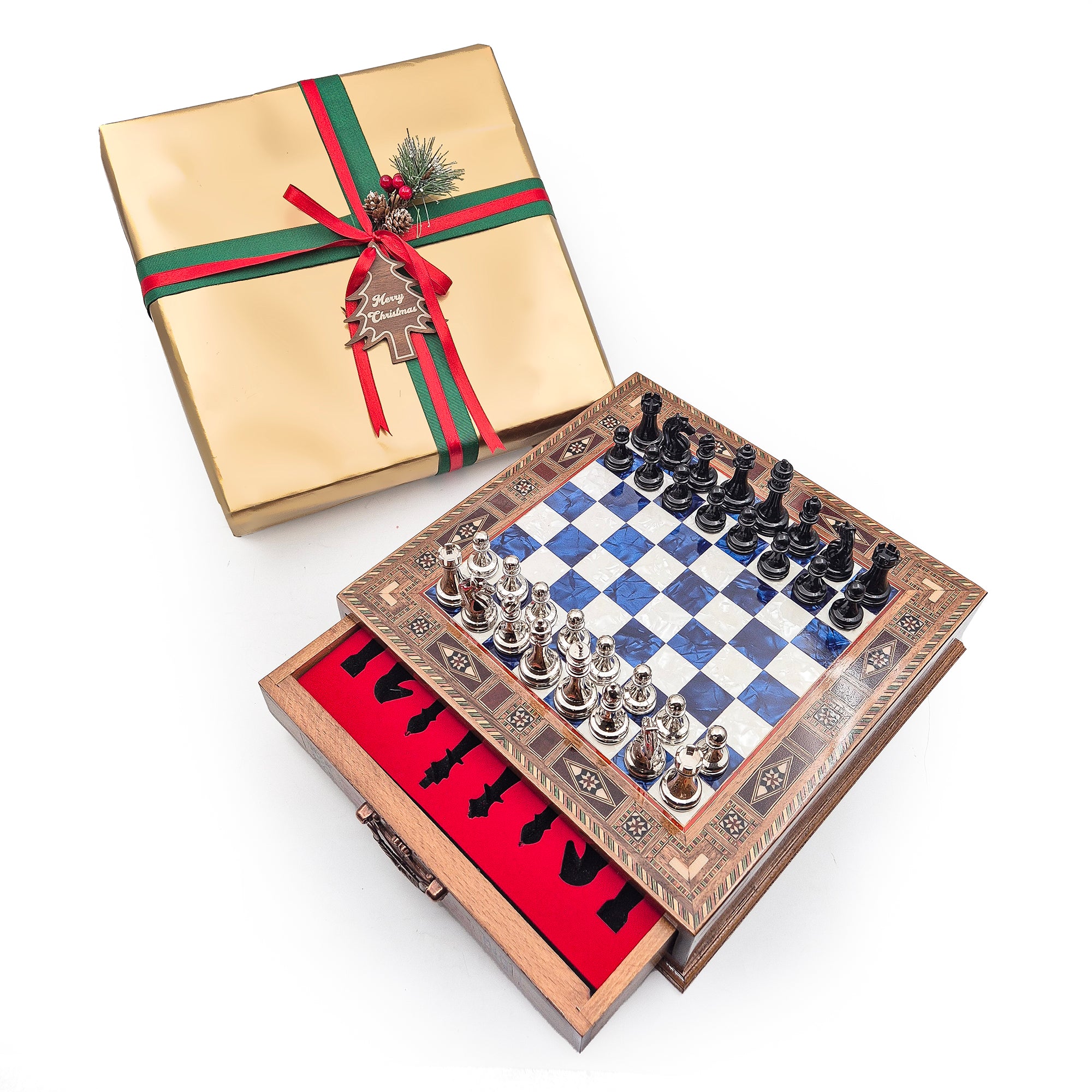 Luxury Wooden Chess Set With Storage Units - Black And Silver Metal Chess Pieces (Blue Chess Board) My Chess Sets