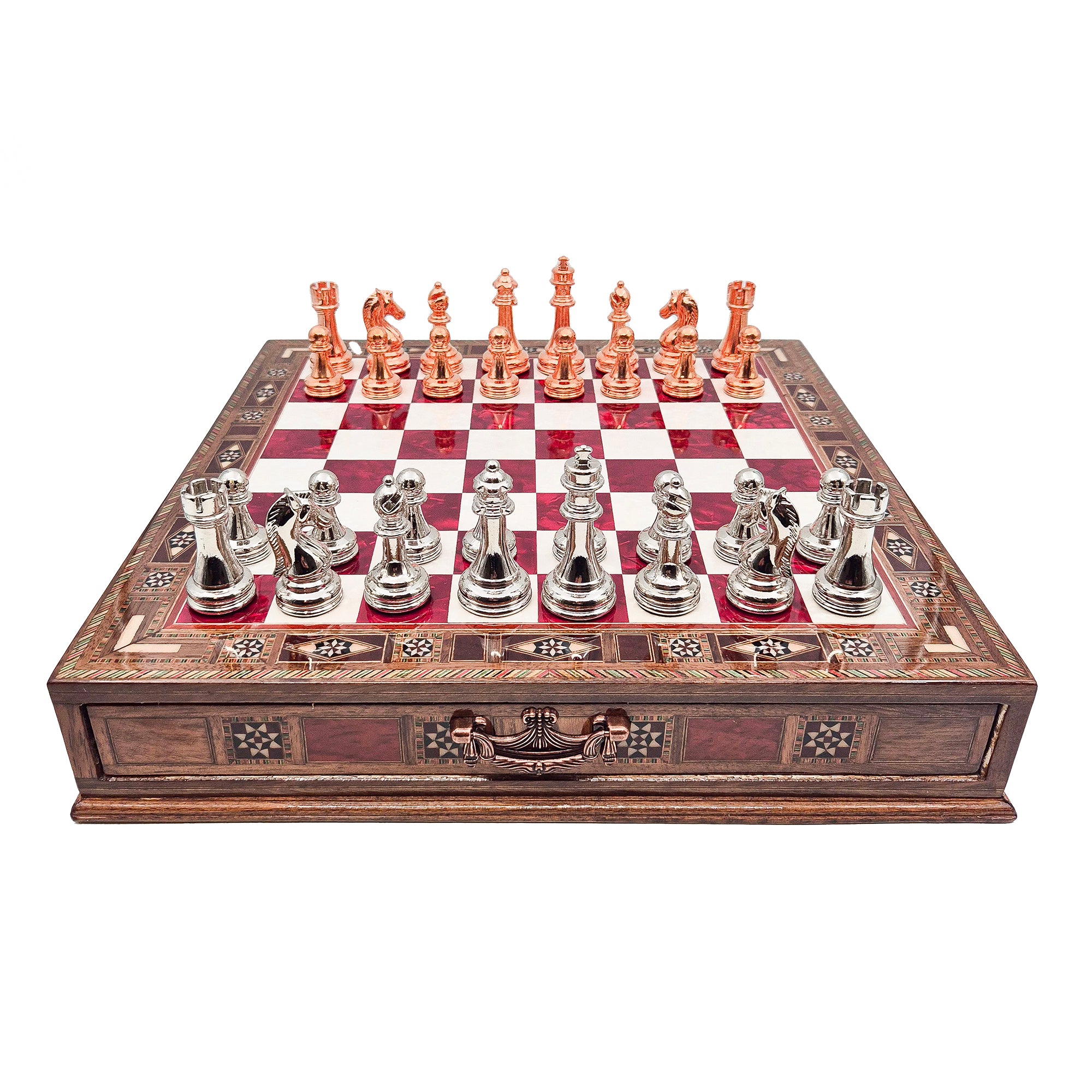 Handmade Luxury Chess Set With Storage - Bronza & Silver - Red Board My Chess Sets