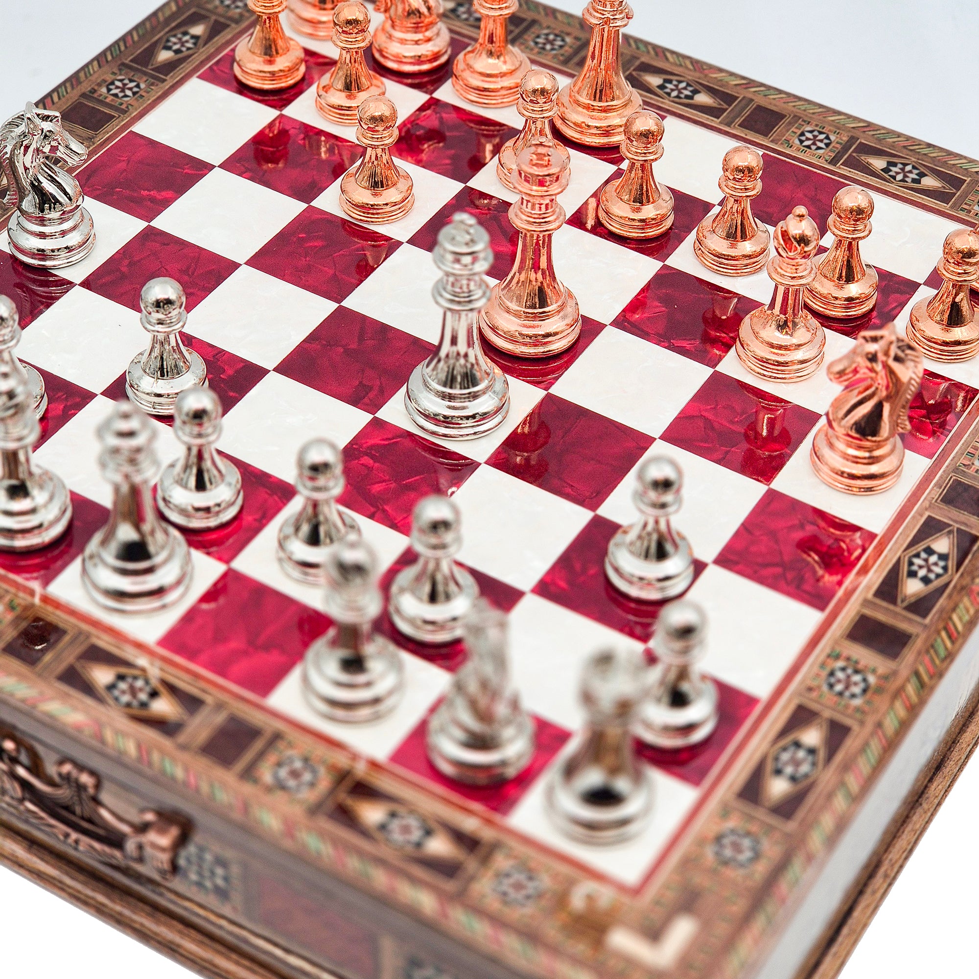 Handmade Luxury Chess Set With Storage - Bronza & Silver - Red Board My Chess Sets