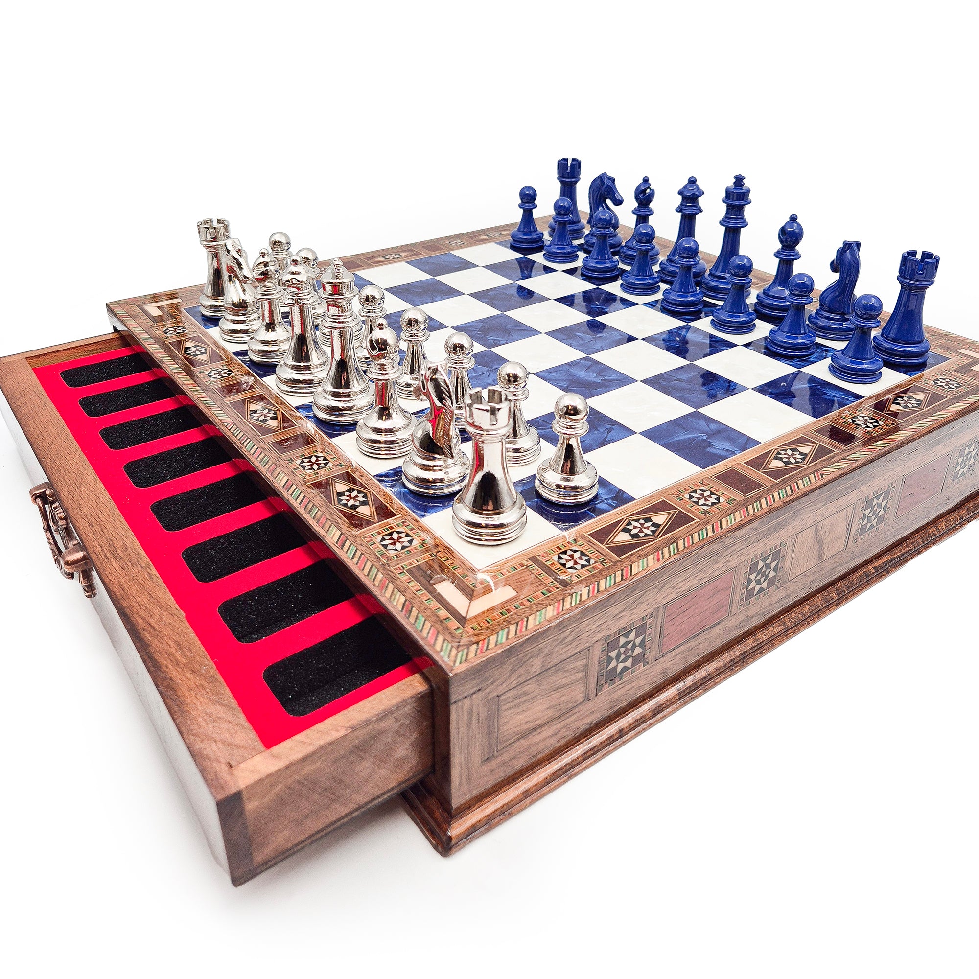 Handmade Luxury Chess Set With Storage - Blue & Silver My Chess Sets