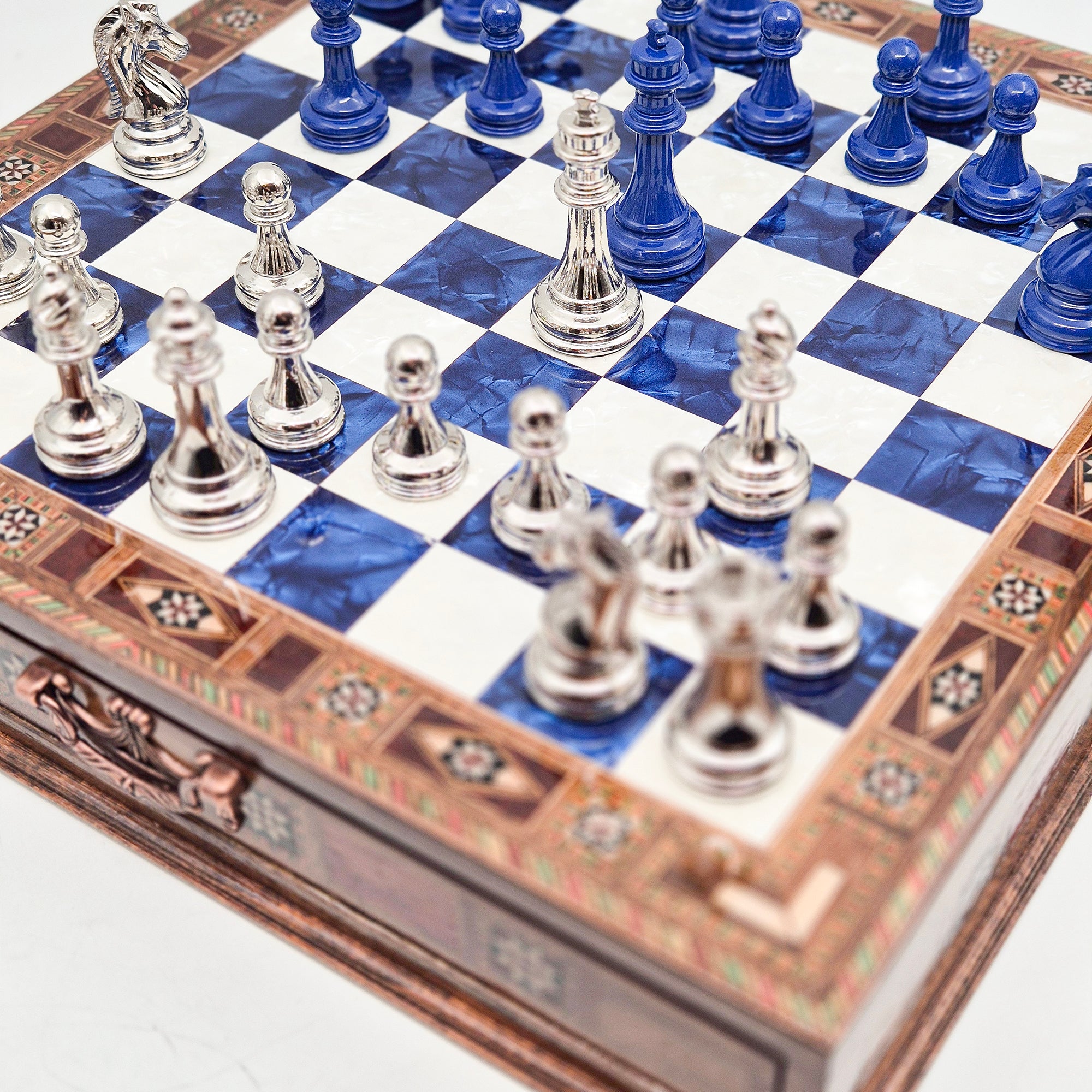 Handmade Luxury Chess Set With Storage - Blue & Silver My Chess Sets