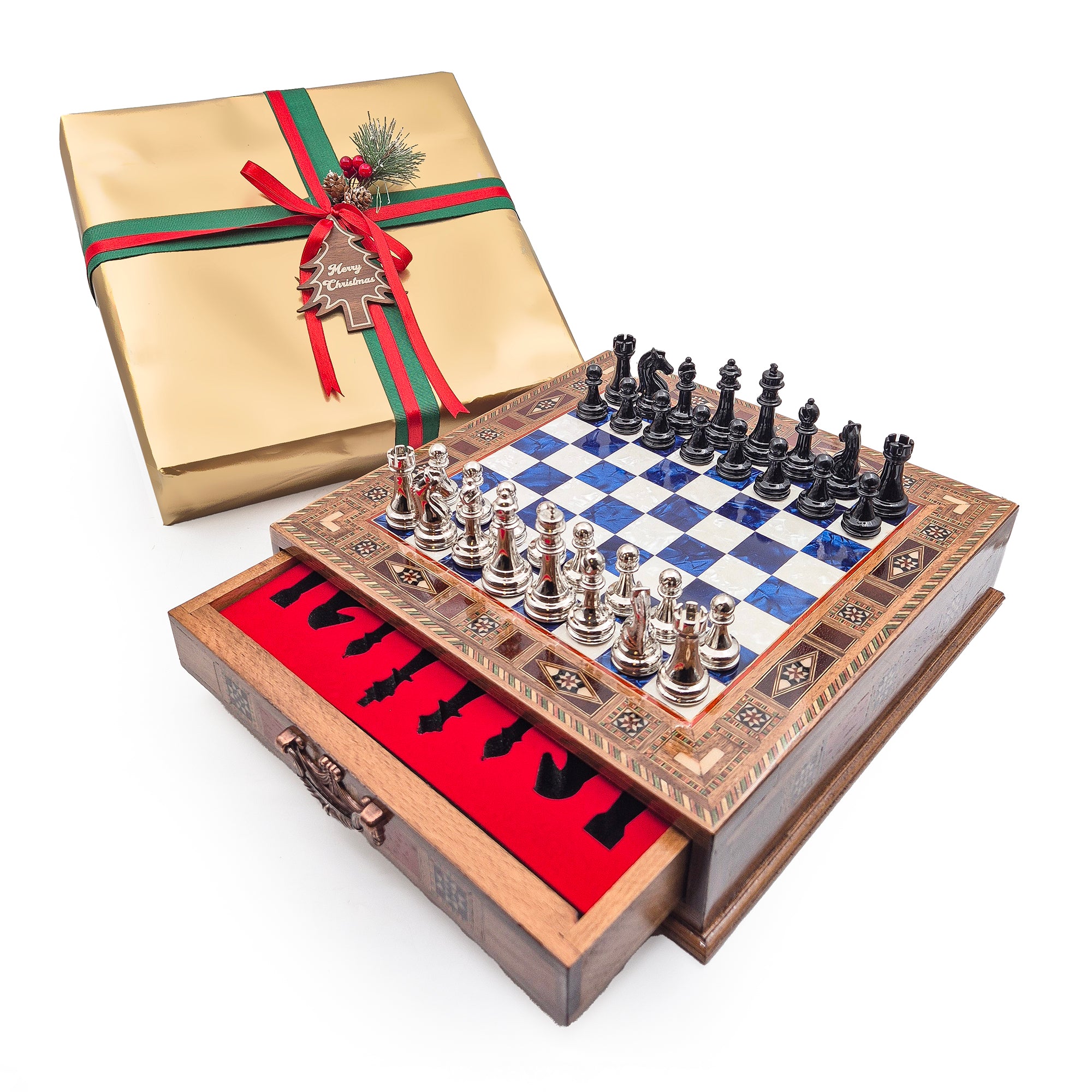 Luxury Wooden Chess Set With Storage Units - Black And Silver Metal Chess Pieces (Blue Chess Board) My Chess Sets