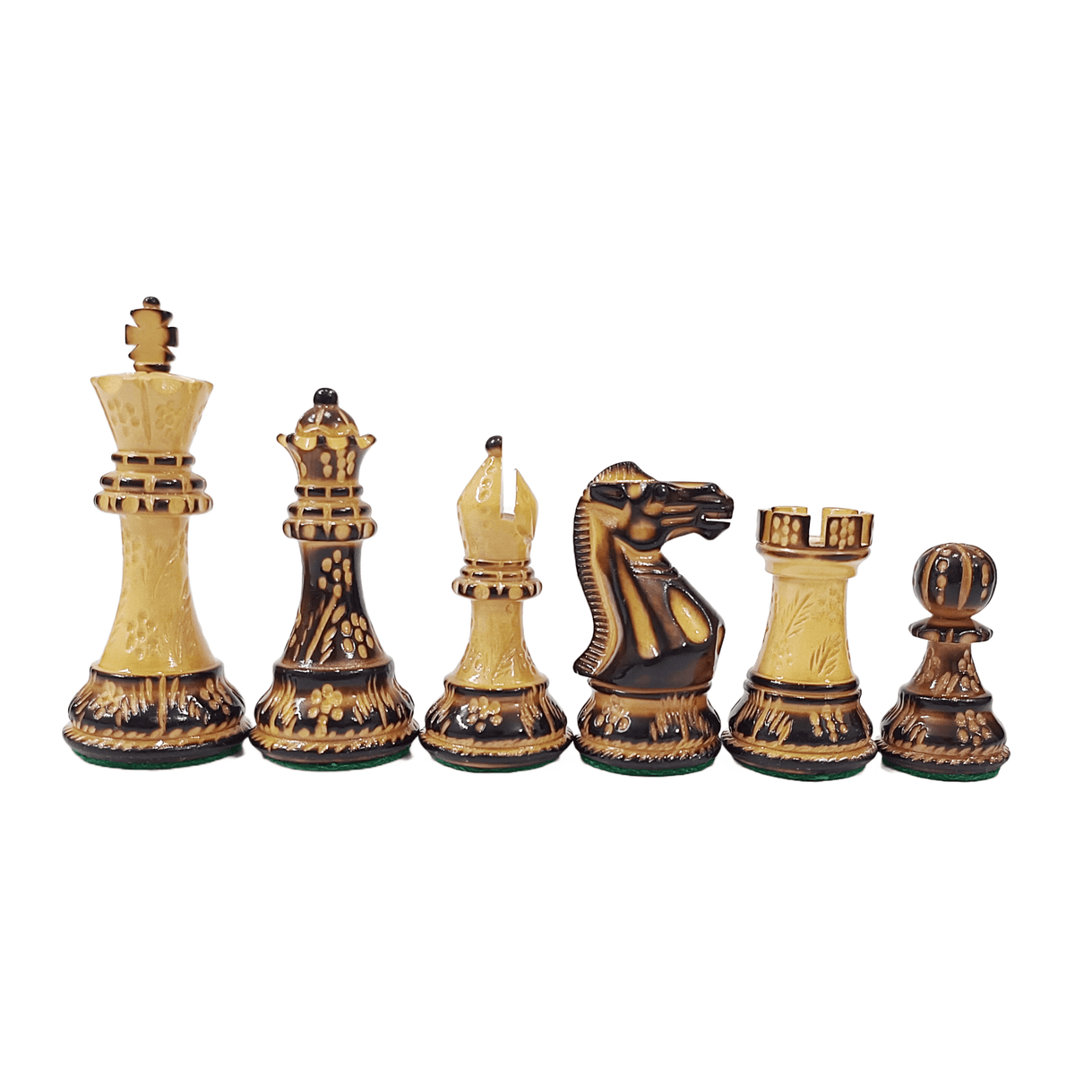Hand carved classic Staunton chess pieces in burnt boxwood style, showcasing King, Queen, Bishop, Knight, Rook, and Pawn.