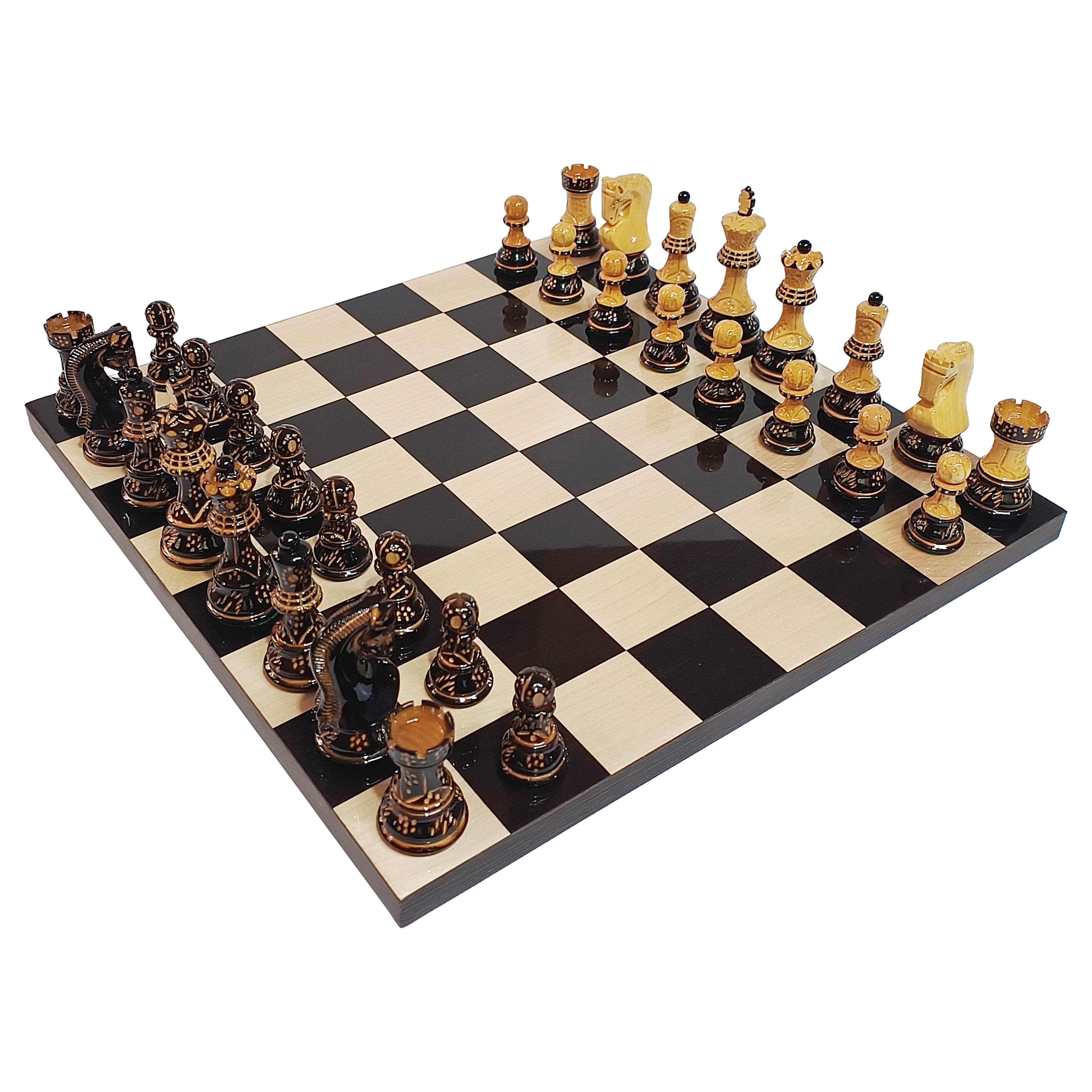Russian Zagreb Burnt Hand-Carved Chess Set (3.9″ King) with 16″ Ebony & Maple Luxury Board – 50mm Squares My Chess Sets