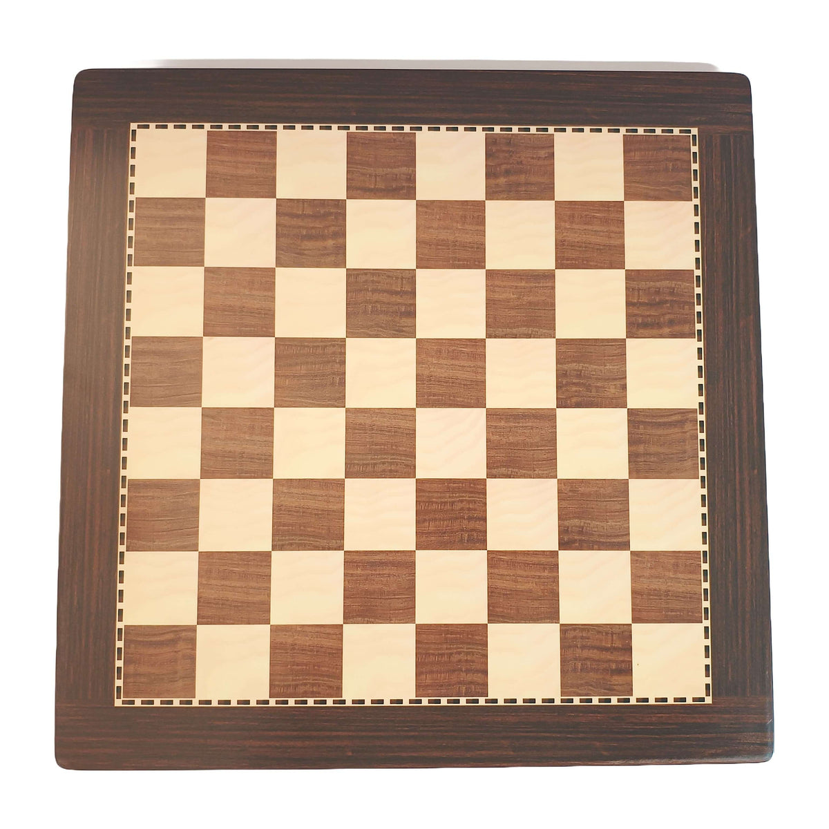 Handcrafted wooden chess board with acacia and maple finish, featuring a checkered pattern in brown and cream.