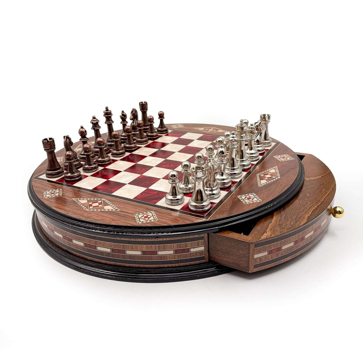 Luxury Round Rosewood & Walnut Chess Set With Metal Pieces My Chess Sets