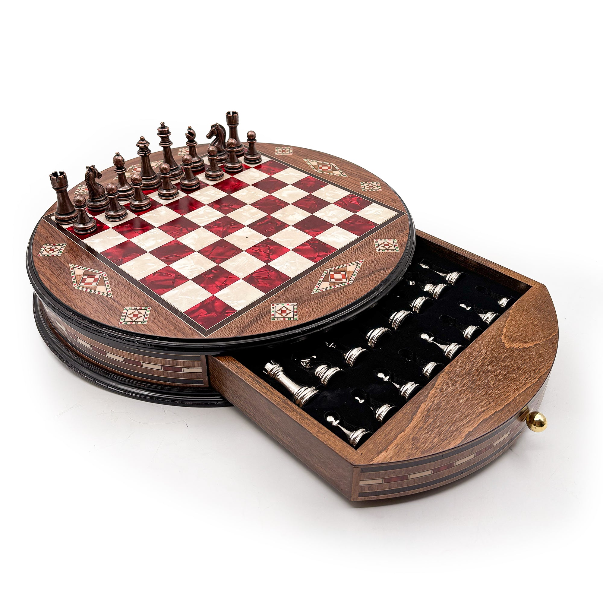 Luxury Round Rosewood & Walnut Chess Set With Metal Pieces My Chess Sets