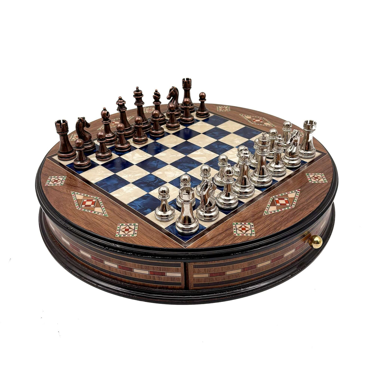 Luxury Round Rosewood & Walnut Chess Set With Metal Pieces My Chess Sets