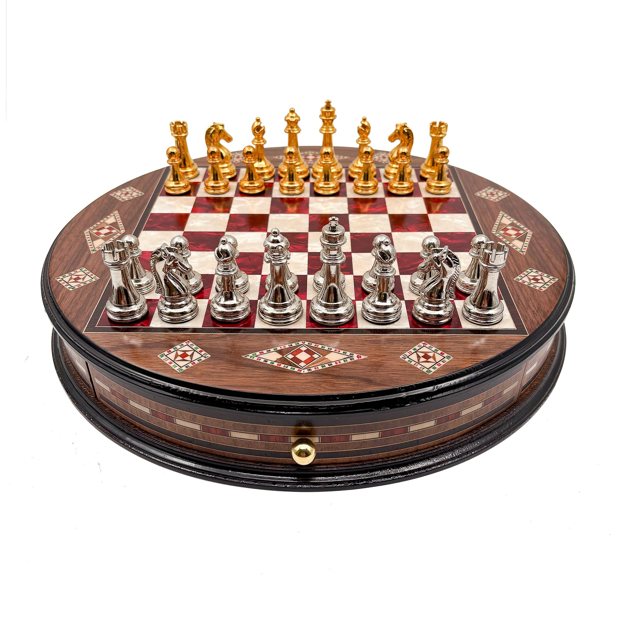 Luxury Round Rosewood & Walnut Chess Set With Metal Pieces My Chess Sets
