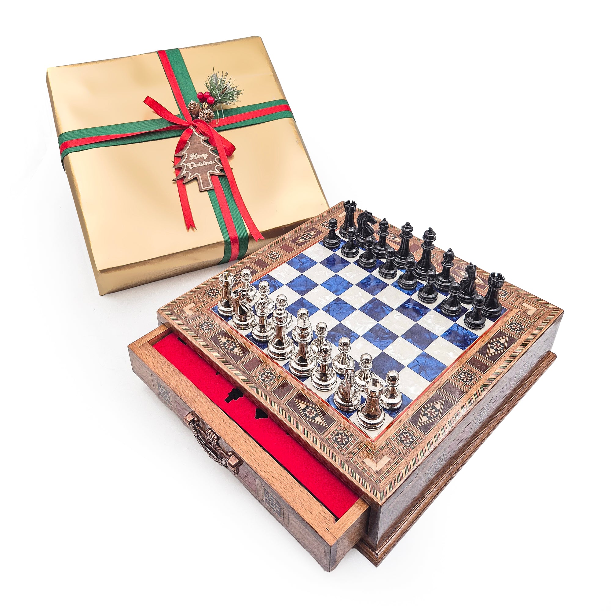 Luxury Wooden Chess Set With Storage Units - Black And Silver Metal Chess Pieces (Blue Chess Board) My Chess Sets