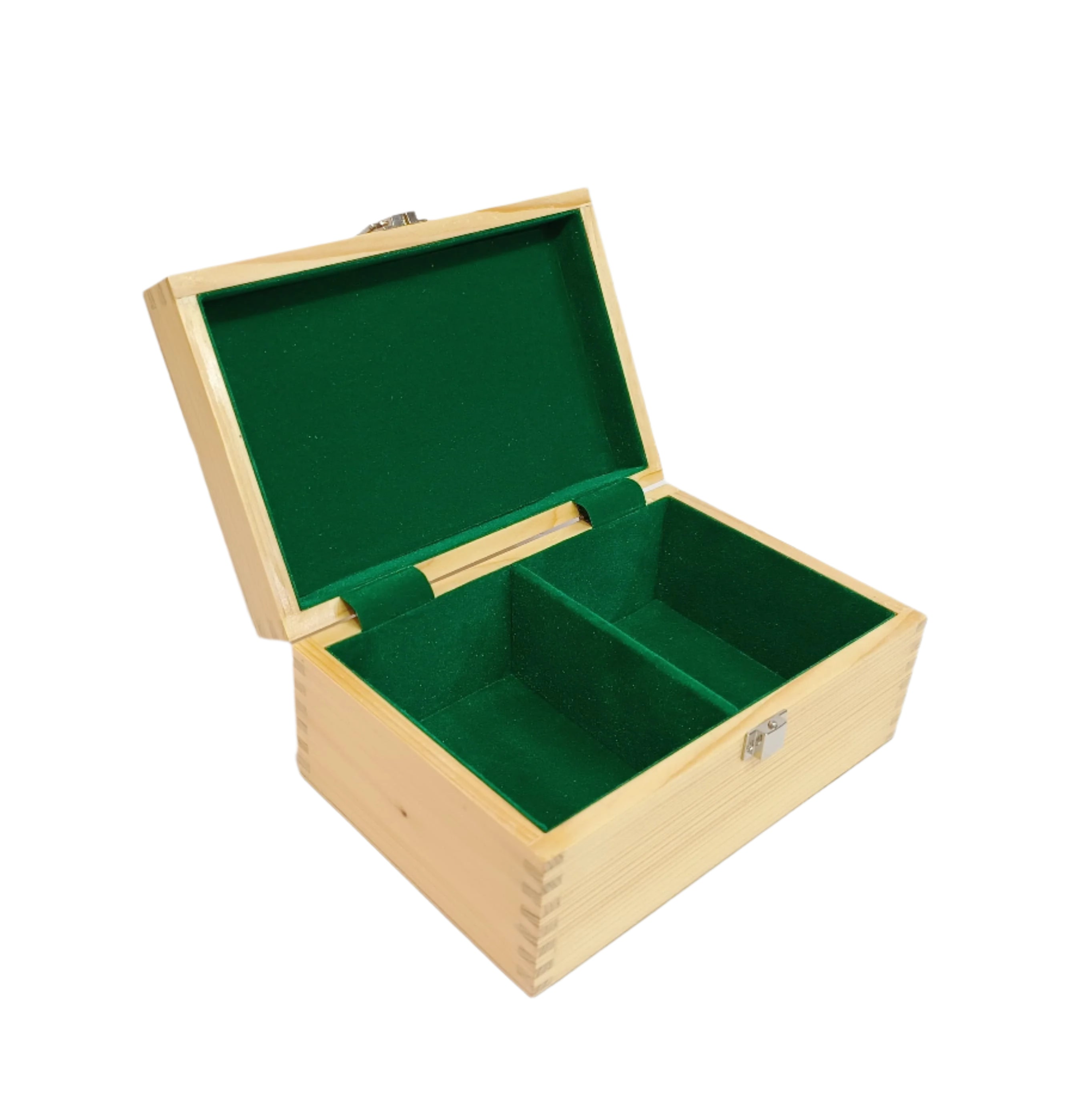 Open pine wood chess storage box featuring a green velvet interior with two compartments.
