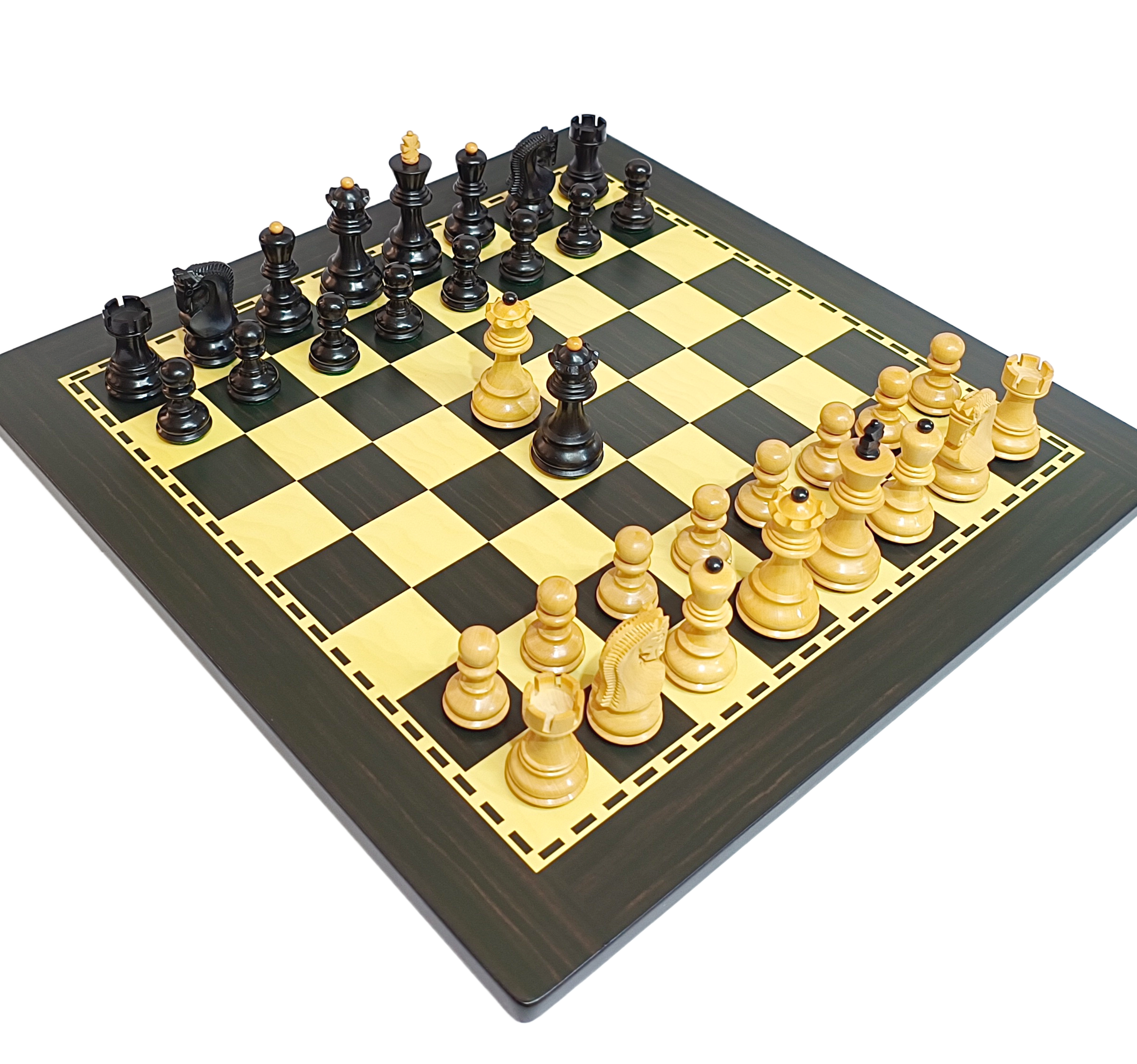 Russian Zagreb wooden chess set featuring black and cream pieces on a medium MDF chess board.