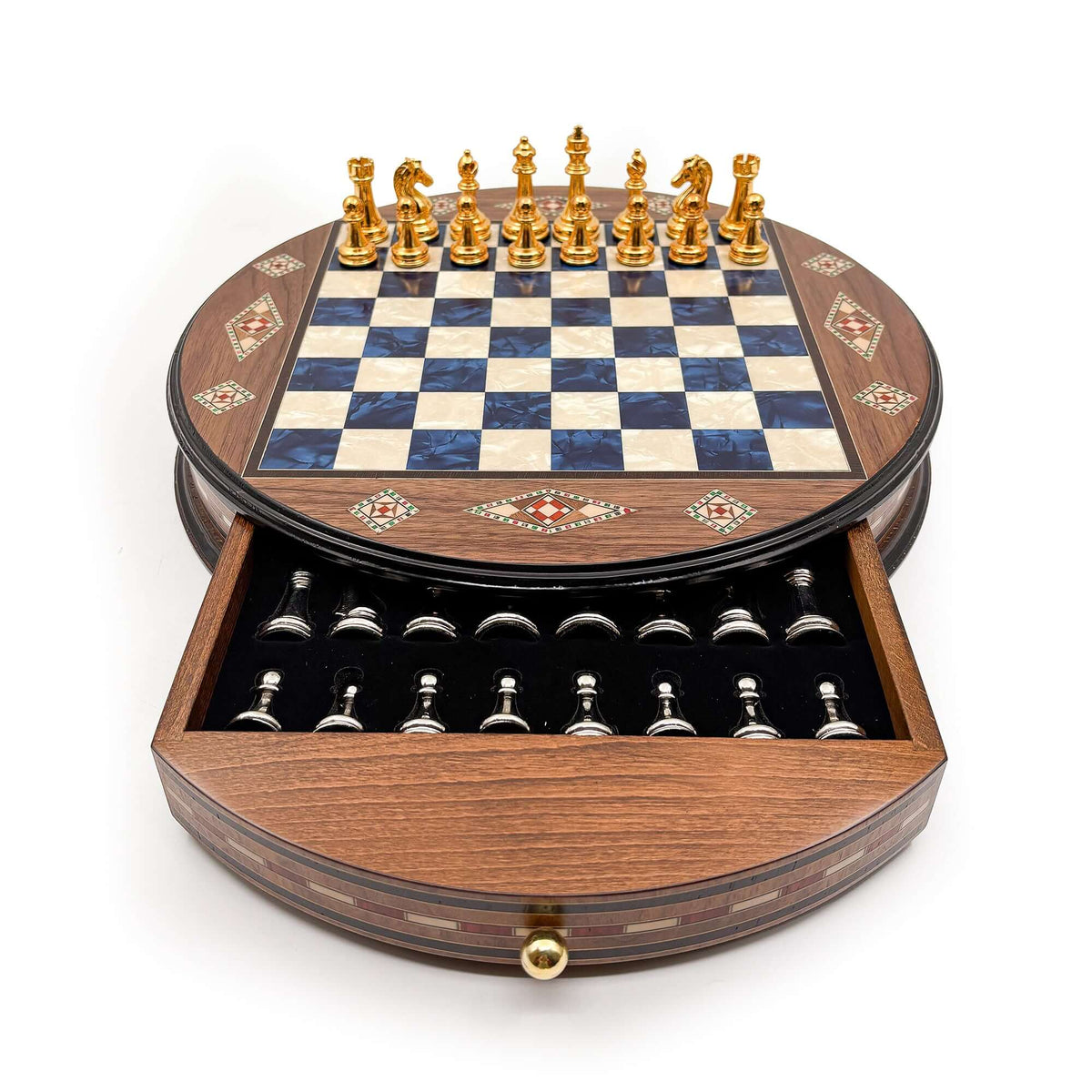Luxury Round Rosewood & Walnut Chess Set With Metal Pieces My Chess Sets