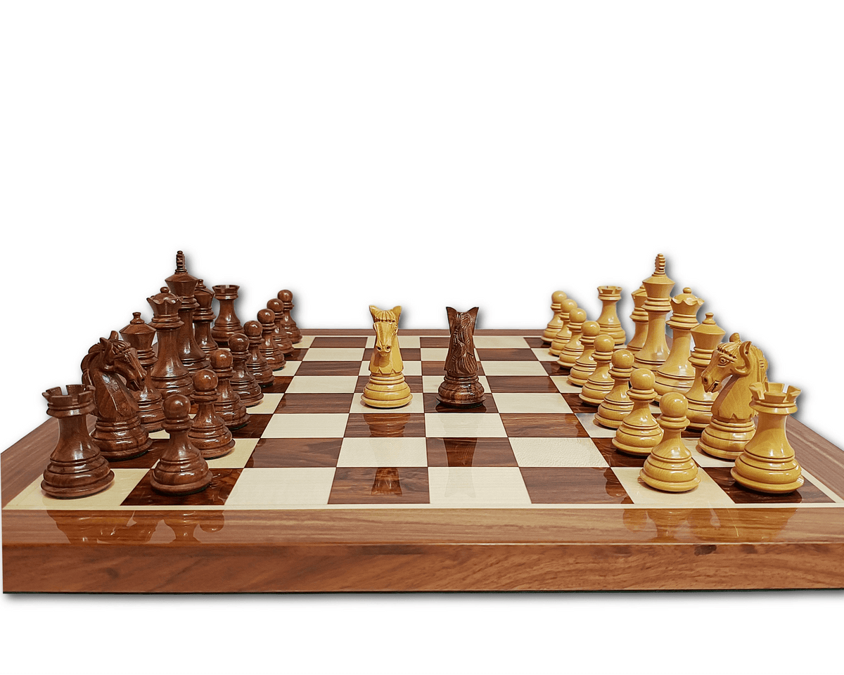Colombian Staunton professional chess set with boxwood and golden rosewood pieces on a golden rosewood chess board.