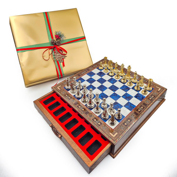 Handmade Luxury Chess Set With Storage Units - Blue Chess Board Handmade Luxury Chess Set With Storage Units - Blue Chess Board