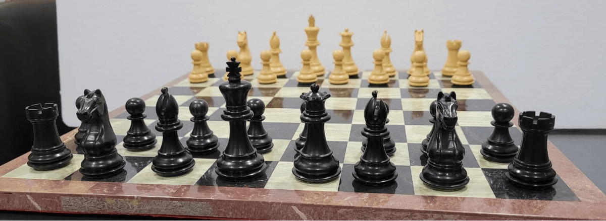Anjan and Ebony Royal Chessmen Set With Marble Chess Board - My Chess Sets